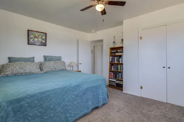 a spacious bedroom with a bed and a book shelf