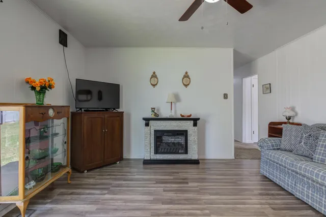 a living room with furniture and a fireplace