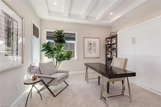 a workspace with furniture and a potted plant