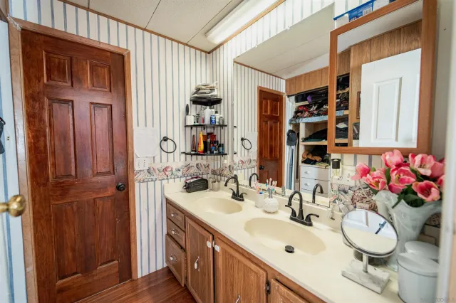 a bathroom with a sink vanity and a mirror