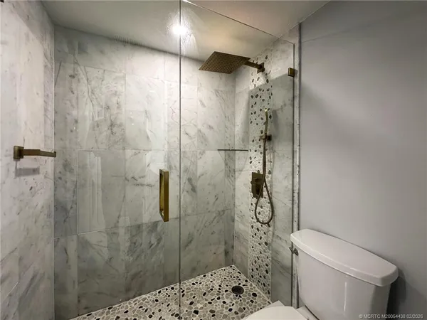 a bathroom with a shower and a toilet