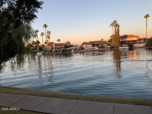 a view of a lake with boats and trees in the background
