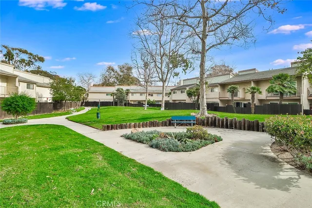 a view of a park with large trees