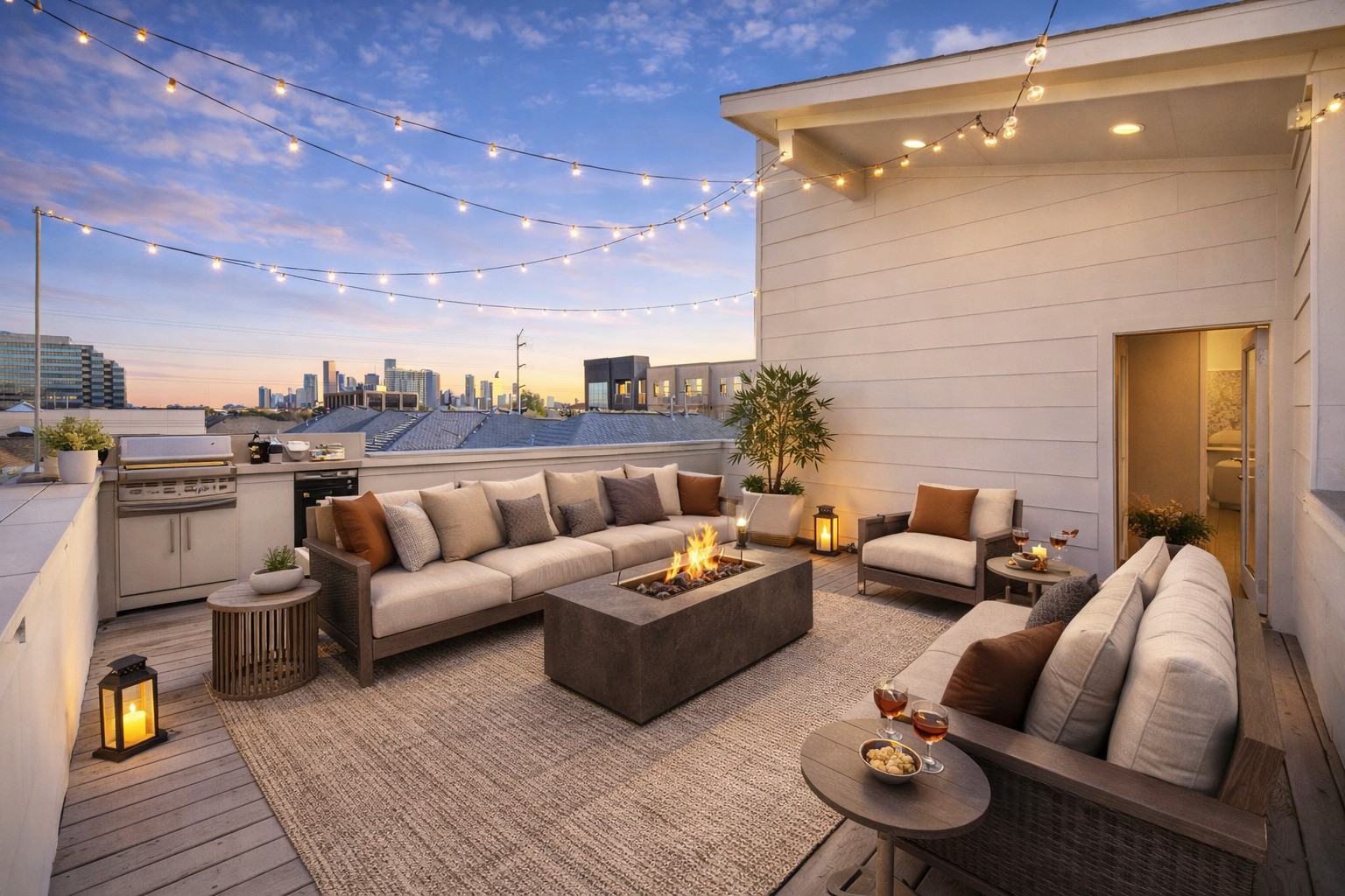 4112 Feagan Street Houston, TX 77007 - Photo 7 of 8 a rooftop view with patio couches coffee table and potted plants with wooden floor