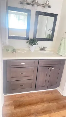 a bathroom with a sink and a mirror