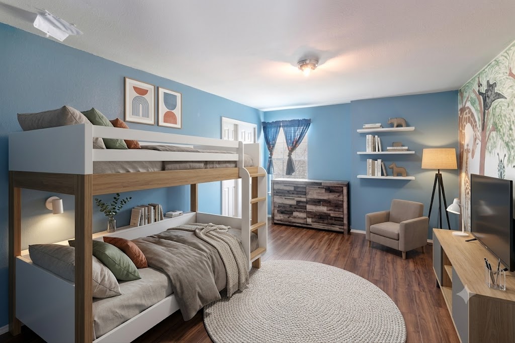 508 Emma Rose Trail Leander, TX 78641 - Photo 9 of 40 Hardwood floors and a creative mural define this cozy bedroom with bunk beds and ample shelving.