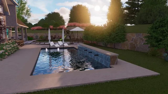 a view of swimming pool with outdoor seating and plants