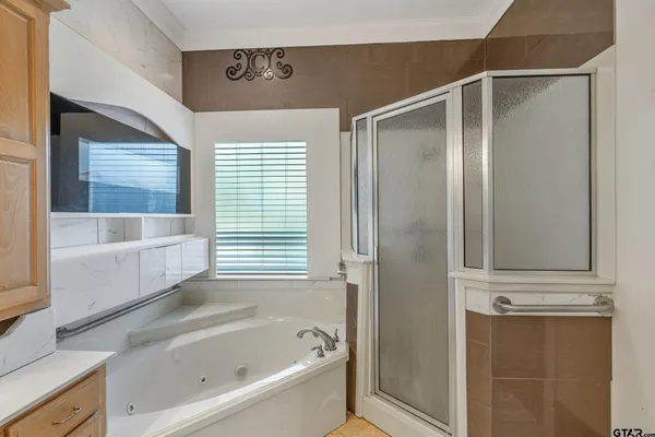 a bathroom with a bathtub and a shower
