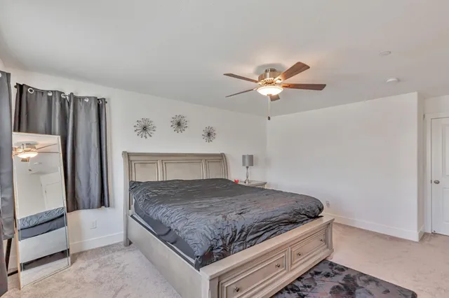 a bedroom with a bed and a ceiling fan