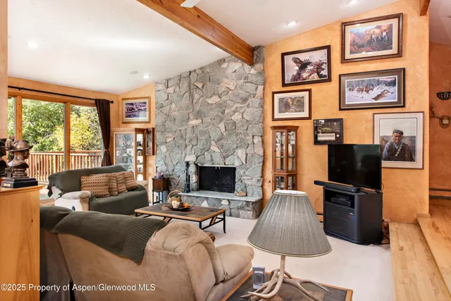 a living room with furniture a flat screen tv and a fireplace