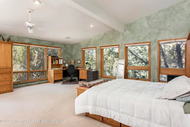 a bed room with bed and large large window