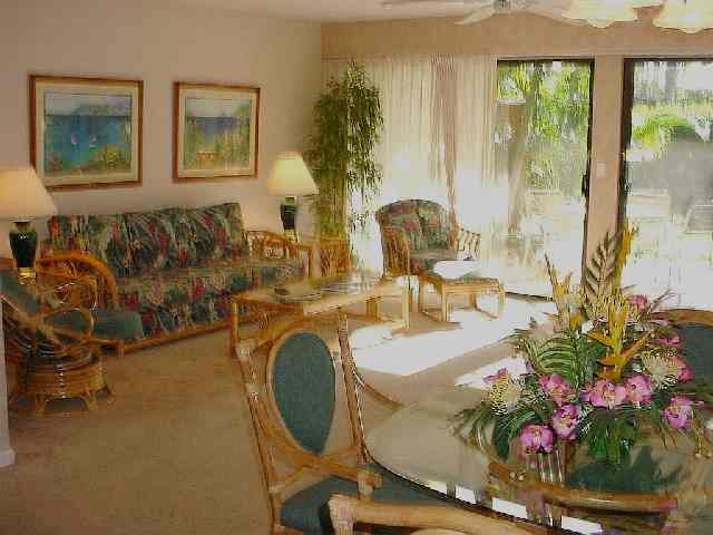 a living room with furniture and a potted plant