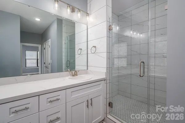 a bathroom with a sink a mirror and a shower