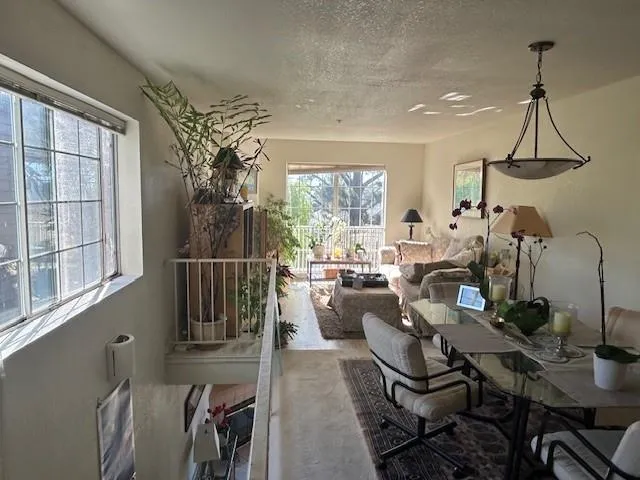 a living room with furniture a chandelier and a floor to ceiling window