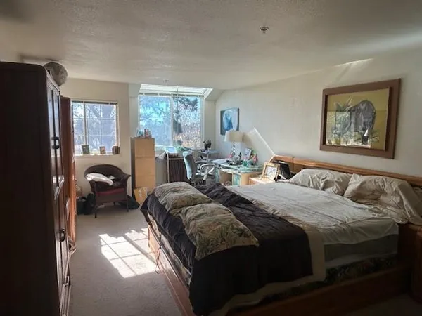 a bedroom with a bed couch and a window
