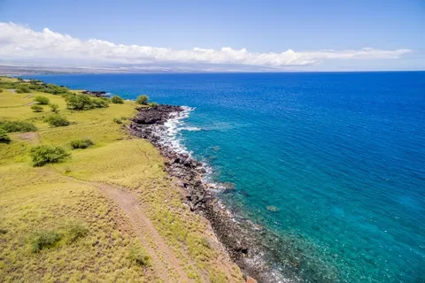 a view of a yard with an ocean and in background