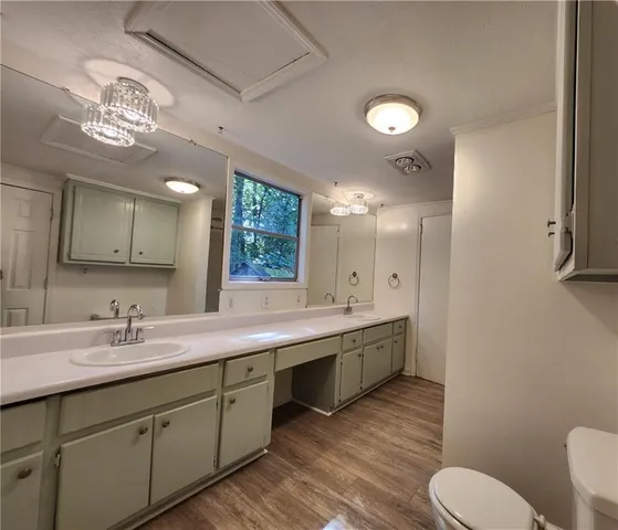 a bathroom with a double vanity sink a toilet a mirror and shower