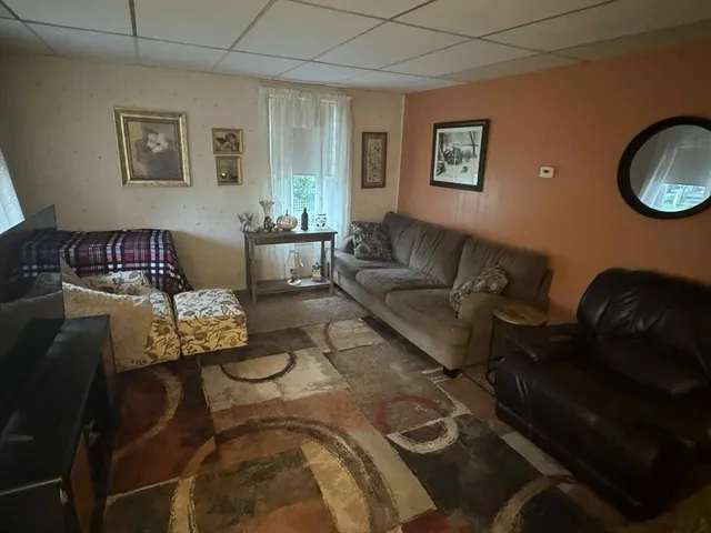 a living room with furniture rug and window