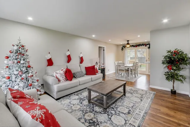 a living room with furniture and a potted plant