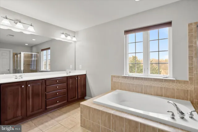 a bathroom with a bathtub sink and mirror