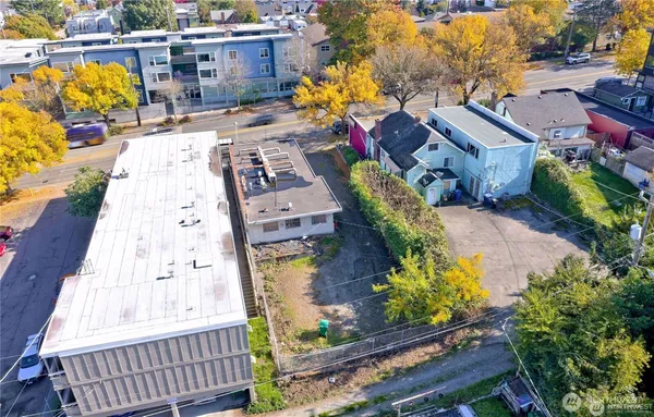 an aerial view of a house with outdoor space