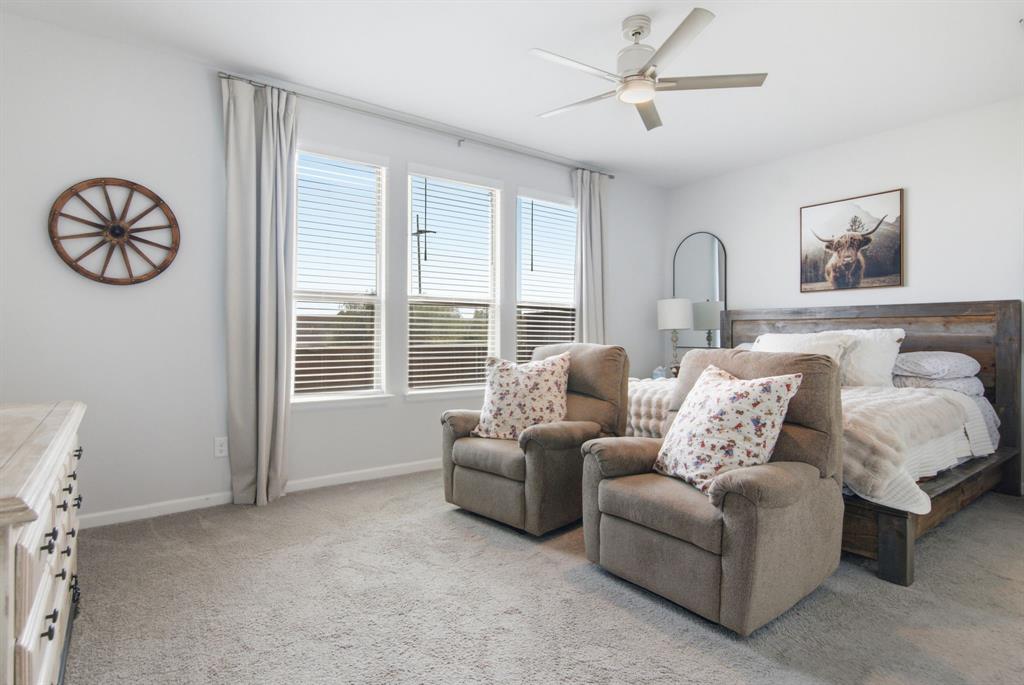 201 Pintail Lane Rhome, TX 76078 - Photo 13 of 36 Light-filled room featuring three windows with blinds, a ceiling fan, and carpet flooring