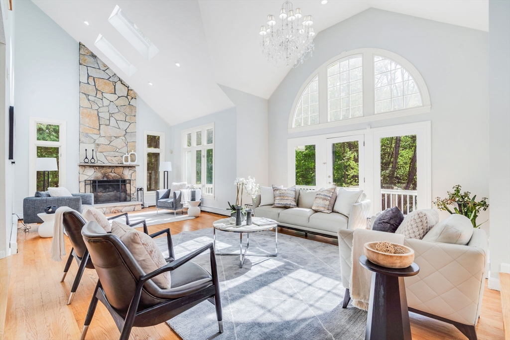 153 Walpole Street Dover, MA 02030 - Photo 3 of 42 a living room with fireplace furniture and a large window