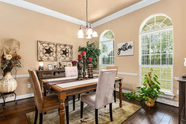a dining room with furniture potted plants and wooden floor