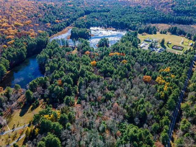 an aerial view of residential house with outdoor space and trees all around