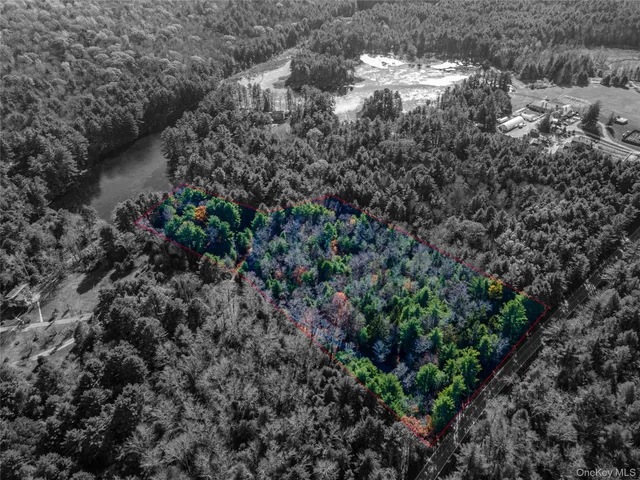 an aerial view of residential house with outdoor space and trees all around