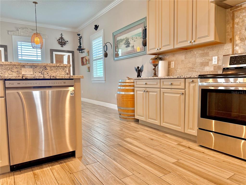 2569 Palm Avenue Flagler Beach, FL 32136 - Photo 62 of 69 a kitchen with stainless steel appliances granite countertop a dishwasher a stove and a microwave oven with wooden floor