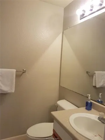 a bathroom with a sink toilet and mirror