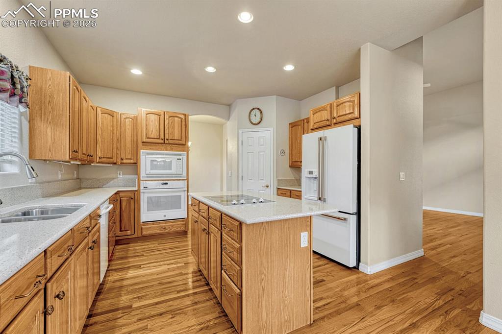 1665 Doe Run Point Colorado Springs, CO 80919 - Photo 11 of 49 a kitchen with a refrigerator a sink and wooden cabinets