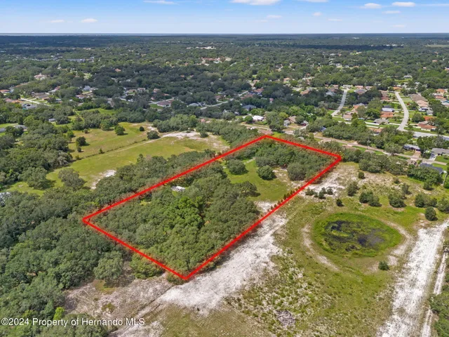 an aerial view of residential houses with outdoor space and trees
