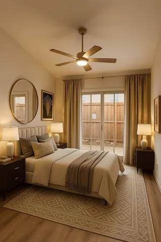 a bedroom with a large bed and a large window