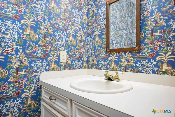 a bathroom with a sink and a mirror