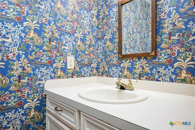 a bathroom with a sink and a mirror