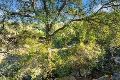 a backyard of a building with large trees