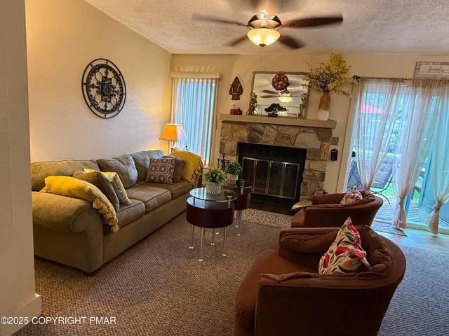 a living room with furniture and a fireplace