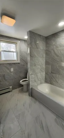 a bathroom with a bathtub and a toilet