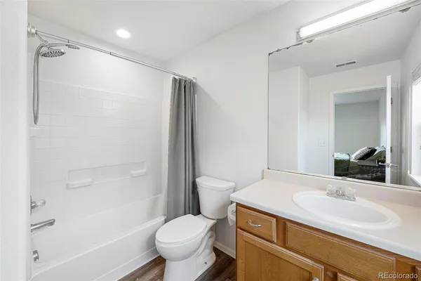 a bathroom with a sink toilet vanity and shower