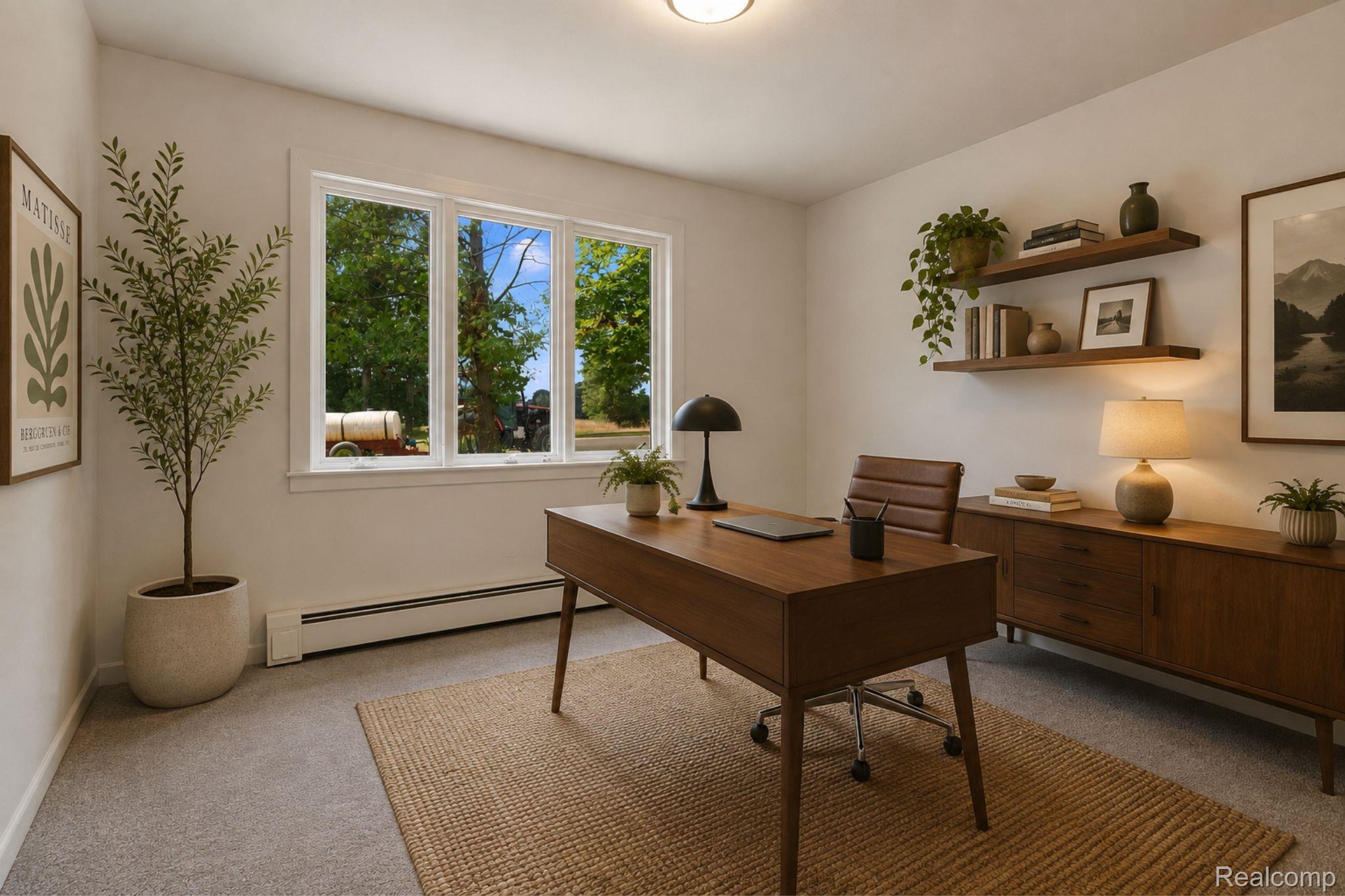 7386 Dean Road Fenton, MI 48430 - Photo 61 of 64 Triple window with white trim, wood-finish floating shelves, ceiling-mounted lighting, and carpeted flooring