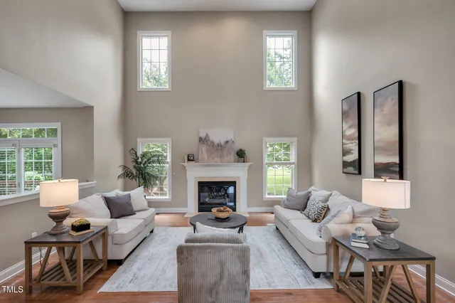 a living room with furniture and a fireplace