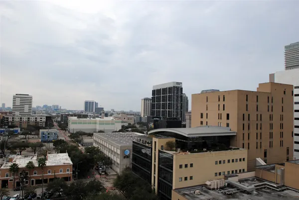 a city view with tall buildings