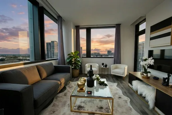a living room with furniture and a large window