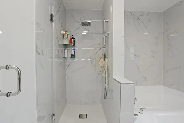 a bathroom with a bathtub and a shower