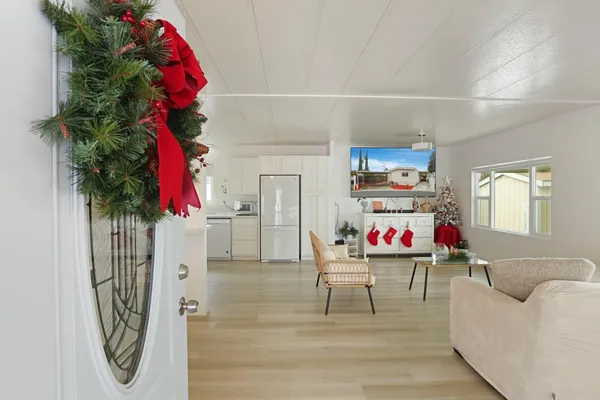 a living room with furniture and a potted plant