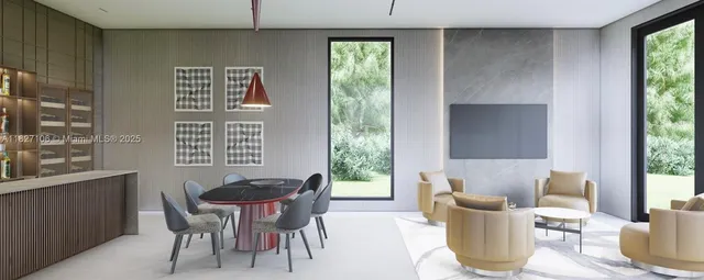 a view of a dining room with furniture window and outside view