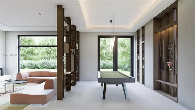 a view of a livingroom with furniture and a window