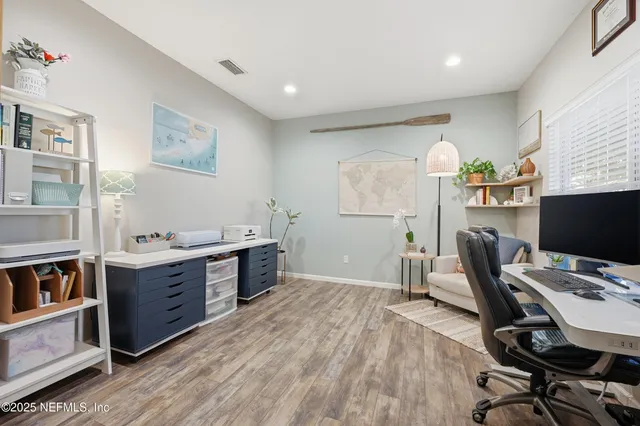 a workspace with furniture